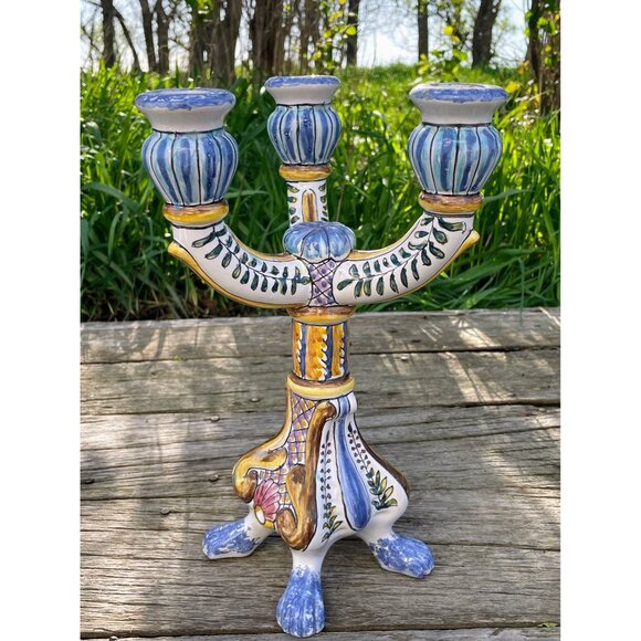 Vintage Hand Painted Portugal 3 Arm Candelabra Candle Stick Holder - Picture 12 of 16